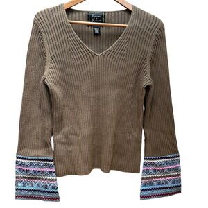 Mercer & Madison Sweater Boho Embroidered Sleeves Hippie Beige‎ Fall Size L